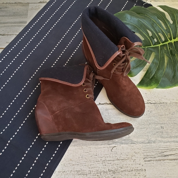 Camper| Wedge Leather Fold Over Ankle Boots Zip Side Size 37 - Picture 1 of 7